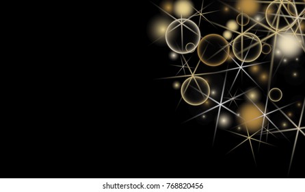 Golden Snowflakes. Christmas Confetti. Festive Background with Yellow and Orange Bokeh and Stars. New Year Background with Gold Glitter made of Snowflakes and Stars. Confetti on Black Backdrop