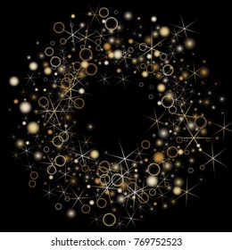 Golden Snowflakes. Christmas Confetti. Festive Background with Yellow and Orange Bokeh and Stars. New Year Background with Gold Glitter made of Snowflakes and Stars. Confetti on Black Backdrop