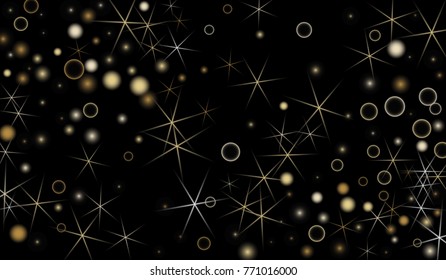 Golden Snowflakes. Christmas Confetti. Festive Background with Yellow and Orange Bokeh and Stars. New Year Background with Gold Glitter made of Snowflakes and Stars. Confetti on Black Backdrop
