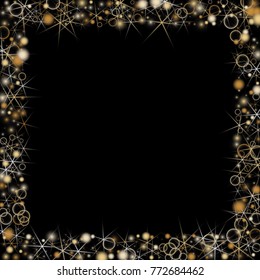Golden Snowflakes. Christmas Confetti. Festive Background with Yellow and Orange Bokeh and Stars. New Year Background with Gold Glitter made of Snowflakes and Stars. Confetti on Black Backdrop