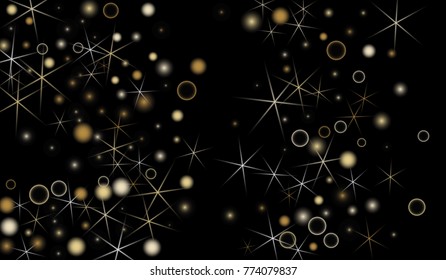 Golden Snowflakes. Christmas Confetti. Festive Background with Yellow and Orange Bokeh and Stars. New Year Background with Gold Glitter made of Snowflakes and Stars. Confetti on Black Backdrop