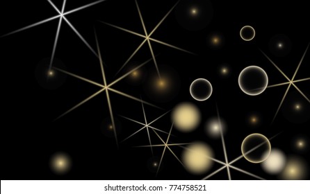 Golden Snowflakes. Christmas Confetti. Festive Background with Yellow and Orange Bokeh and Stars. New Year Background with Gold Glitter made of Snowflakes and Stars. Confetti on Black Backdrop