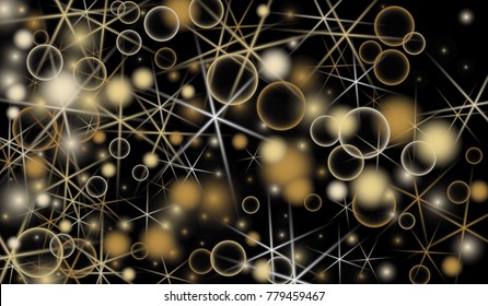 Golden Snowflakes. Christmas Confetti. Festive Background with Yellow and Orange Bokeh and Stars. New Year Background with Gold Glitter made of Snowflakes and Stars. Confetti on Black Backdrop