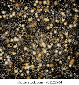 Golden Snowflakes. Christmas Confetti. Festive Background with Yellow and Orange Bokeh and Stars. New Year Background with Gold Glitter made of Snowflakes and Stars. Confetti on Black Backdrop