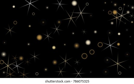 Golden Snowflakes. Christmas Confetti. Festive Background with Yellow and Orange Bokeh and Stars. New Year Background with Gold Glitter made of Snowflakes and Stars. Confetti on Black Backdrop