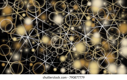 Golden Snowflakes. Christmas Confetti. Festive Background with Yellow and Orange Bokeh and Stars. New Year Background with Gold Glitter made of Snowflakes and Stars. Confetti on Black Backdrop