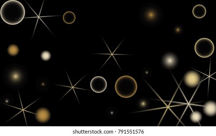 Golden Snowflakes. Christmas Confetti. Festive Background with Yellow and Orange Bokeh and Stars. New Year Background with Gold Glitter made of Snowflakes and Stars. Confetti on Black Backdrop