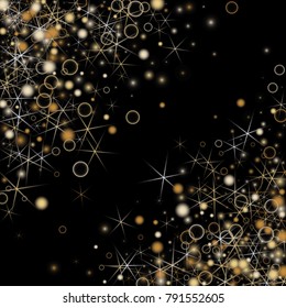 Golden Snowflakes. Christmas Confetti. Festive Background with Yellow and Orange Bokeh and Stars. New Year Background with Gold Glitter made of Snowflakes and Stars. Confetti on Black Backdrop