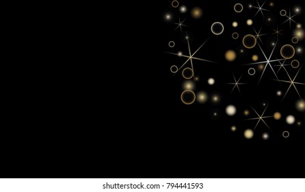 Golden Snowflakes. Christmas Confetti. Festive Background with Yellow and Orange Bokeh and Stars. New Year Background with Gold Glitter made of Snowflakes and Stars. Confetti on Black Backdrop