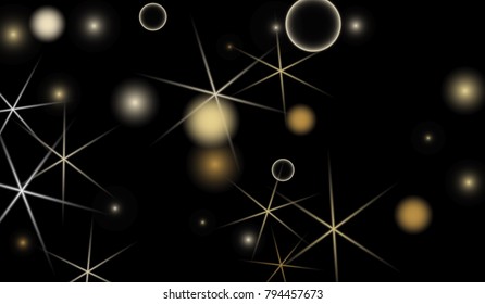 Golden Snowflakes. Christmas Confetti. Festive Background with Yellow and Orange Bokeh and Stars. New Year Background with Gold Glitter made of Snowflakes and Stars. Confetti on Black Backdrop