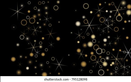 Golden Snowflakes. Christmas Confetti. Festive Background with Yellow and Orange Bokeh and Stars. New Year Background with Gold Glitter made of Snowflakes and Stars. Confetti on Black Backdrop