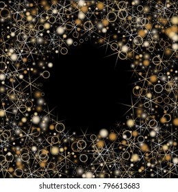 Golden Snowflakes. Christmas Confetti. Festive Background with Yellow and Orange Bokeh and Stars. New Year Background with Gold Glitter made of Snowflakes and Stars. Confetti on Black Backdrop