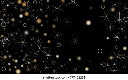 Golden Snowflakes. Christmas Confetti. Festive Background with Yellow and Orange Bokeh and Stars. New Year Background with Gold Glitter made of Snowflakes and Stars. Confetti on Black Backdrop