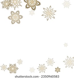 Golden snowflakes. Christmas or New Year golden snowflake decoration garland on white background.  Winter frost print. Festive frame.