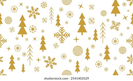 golden snowflakes and christmas trees seamless pattern, with festive geometric elements with stars and bauble