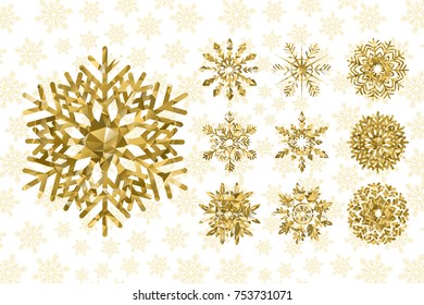 Golden snowflakes collection. Design elements. Winter holidays decor. Vector illustration