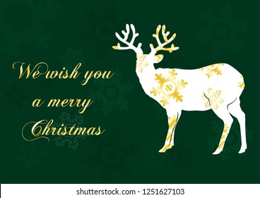 Golden snowflakes cut off on white silhouette reindeer shape with golden slogan of Christmas wording on snowflake pattern and green background. Christmas greeting card in vector design.