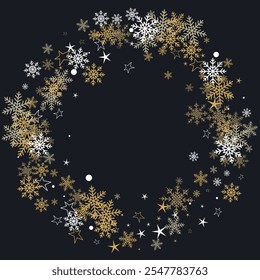 Copos de nieve dorados de diferentes tamaños aislados sobre fondo oscuro. Navidades elemento redondo. Elemento de diseño de invierno. Marco de la Navidad