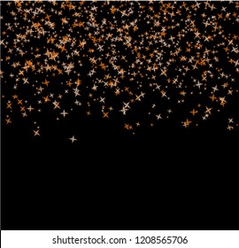 Golden snowflakes falling from the sky on black background. Abstract Background. Glitter pattern for banner. Vector illustration for winter holidays.