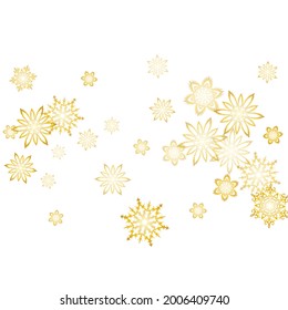 Golden snowflakes. Falling snow with golden glitter snowflakes for party invite. Seasonal winter symbols.