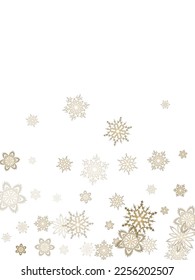 Golden snowflakes. Falling snow with golden glitter snowflakes for party invite. Seasonal winter symbols.