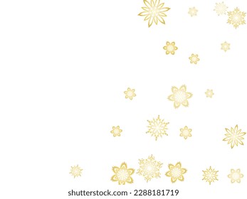 Golden snowflakes. Falling snow with golden glitter snowflakes for party invite. Winter frost print. Festive frame.