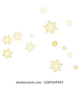Golden snowflakes. Falling snow with golden glitter snowflakes for party invite. Seasonal winter symbols.
