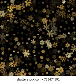 Golden snowflakes falling winter vector background. Gold snow flakes macro illustration, water freezing parts, snow elements, flakes confetti chaotic scatter. Cold weather symbols on dark background.