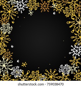 Golden Snowflakes frame, Winter Holidays background. Hand drawn design for happy new year. Card template.