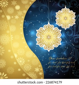 Golden snowflakes and frosty patterns on a dark blue background. Christmas background, vector illustration.