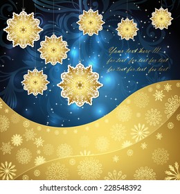 Golden snowflakes and frosty patterns on a dark blue background. Christmas background, vector illustration.