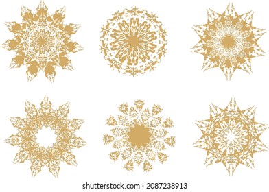 Golden snowflakes for holidays and events or textiles. Beautiful snowflakes as lace for New Year decorations, prints, wallpaper, fabric products, cards, cover, scrapbooking, tattoo, etc. Gold on White