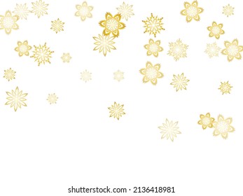 Golden snowflakes. Luxurious festive background for your Christmas and New Year Design of banners, cards, posters, wallpapers. Winter frost print. Festive frame.