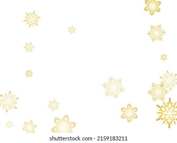 Golden snowflakes. Luxurious festive background for your Christmas and New Year Design of banners, cards, posters, wallpapers. Winter frost print. Festive frame.
