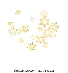 Golden snowflakes. Macro snowflakes flying border design, holiday banner with flakes confetti scatter frame, snow elements. Winter frost print. Festive frame.