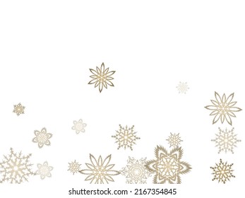 Golden snowflakes. Macro snowflakes flying border design, holiday banner with flakes confetti scatter frame, snow elements. Winter frost print. Festive frame.