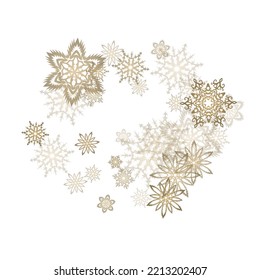 Golden snowflakes. Macro snowflakes flying border design, holiday banner with flakes confetti scatter frame, snow elements. Winter frost print. Festive frame.