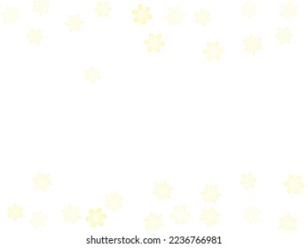Golden snowflakes. Macro snowflakes flying border design, holiday banner with flakes confetti scatter frame, snow elements. Seasonal winter symbols.