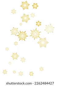 Golden snowflakes. Macro snowflakes flying border design, holiday banner with flakes confetti scatter frame, snow elements. Seasonal winter symbols.