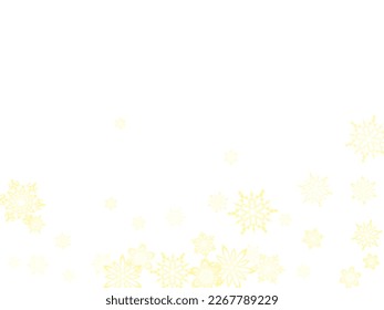 Golden snowflakes. Macro snowflakes flying border design, holiday banner with flakes confetti scatter frame, snow elements. Vector illustration.