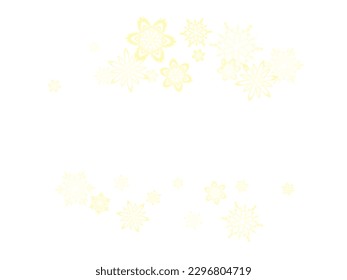 Golden snowflakes. Macro snowflakes flying border design, holiday banner with flakes confetti scatter frame, snow elements. Vector illustration.