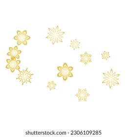 Golden snowflakes. Macro snowflakes flying border design, holiday banner with flakes confetti scatter frame, snow elements. Seasonal winter symbols.