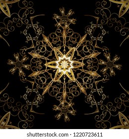 Golden snowflakes on black, brown and beige colors. Christmas golden snowflake seamless pattern. Symbol holiday, New Year celebration vector golden pattern. Winter snow texture wallpaper.