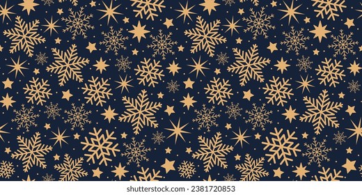 Golden snowflakes on blue background, festive winter vector illustration.