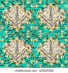 Golden snowflakes on blue background. Symbol holiday, New Year celebration vector golden pattern with golden elements. Winter snow texture wallpaper. Christmas gold snowflake pattern.