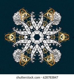 Golden snowflakes on blue background. Winter snow texture wallpaper. Christmas gold snowflake pattern. Symbol holiday, New Year celebration vector golden pattern with golden elements.