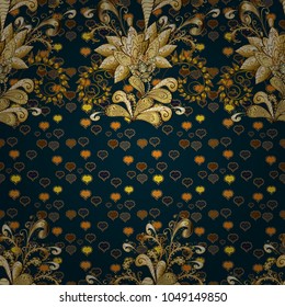 Golden snowflakes on blue, brown and yellow colors. Christmas golden snowflake seamless pattern. Symbol holiday, New Year celebration vector golden pattern. Winter snow texture wallpaper.