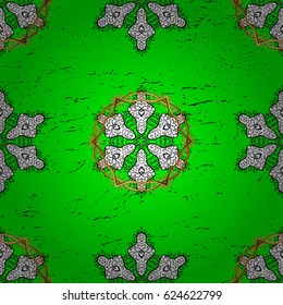 Golden snowflakes on green background. Winter snow texture wallpaper. Christmas gold snowflake pattern. Symbol holiday, New Year celebration vector golden pattern with golden elements.
