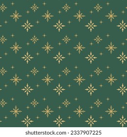 Golden snowflakes on green seamless vector pattern for packaging cards party invitations textile design wrapping paper napkin tablecloth wrapping paper New year Christmas design Elegant simple concept