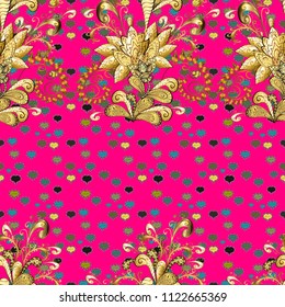 Golden snowflakes on magenta, green and yellow colors. Christmas golden snowflake seamless pattern. Symbol holiday, New Year celebration vector golden pattern. Winter snow texture wallpaper.